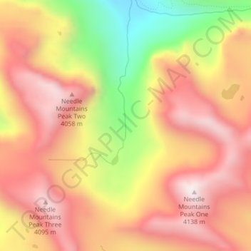 Topografische kaart Needle Mountains Peak Three, hoogte, reliëf