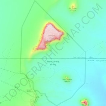 Topografische kaart Monument Valley, hoogte, reliëf