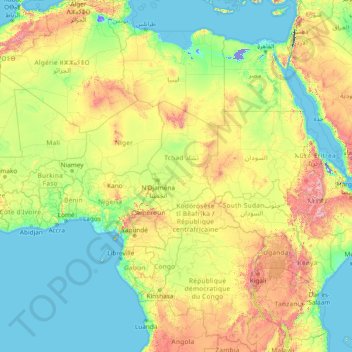 Topografische kaart Afrika, hoogte, reliëf