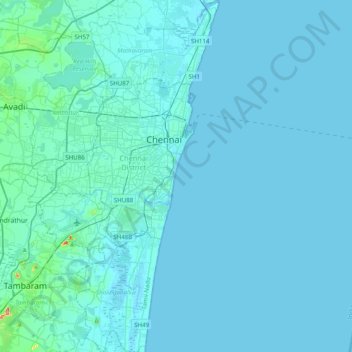 Topografische kaart சென்னை - Chennai, hoogte, reliëf