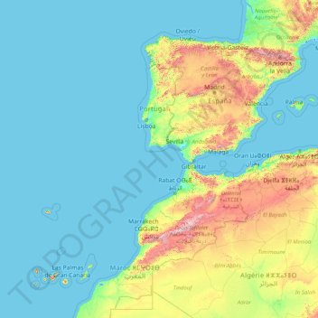 Topografische kaart Portugal, hoogte, reliëf