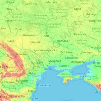 Topografische kaart Oekraïne, hoogte, reliëf